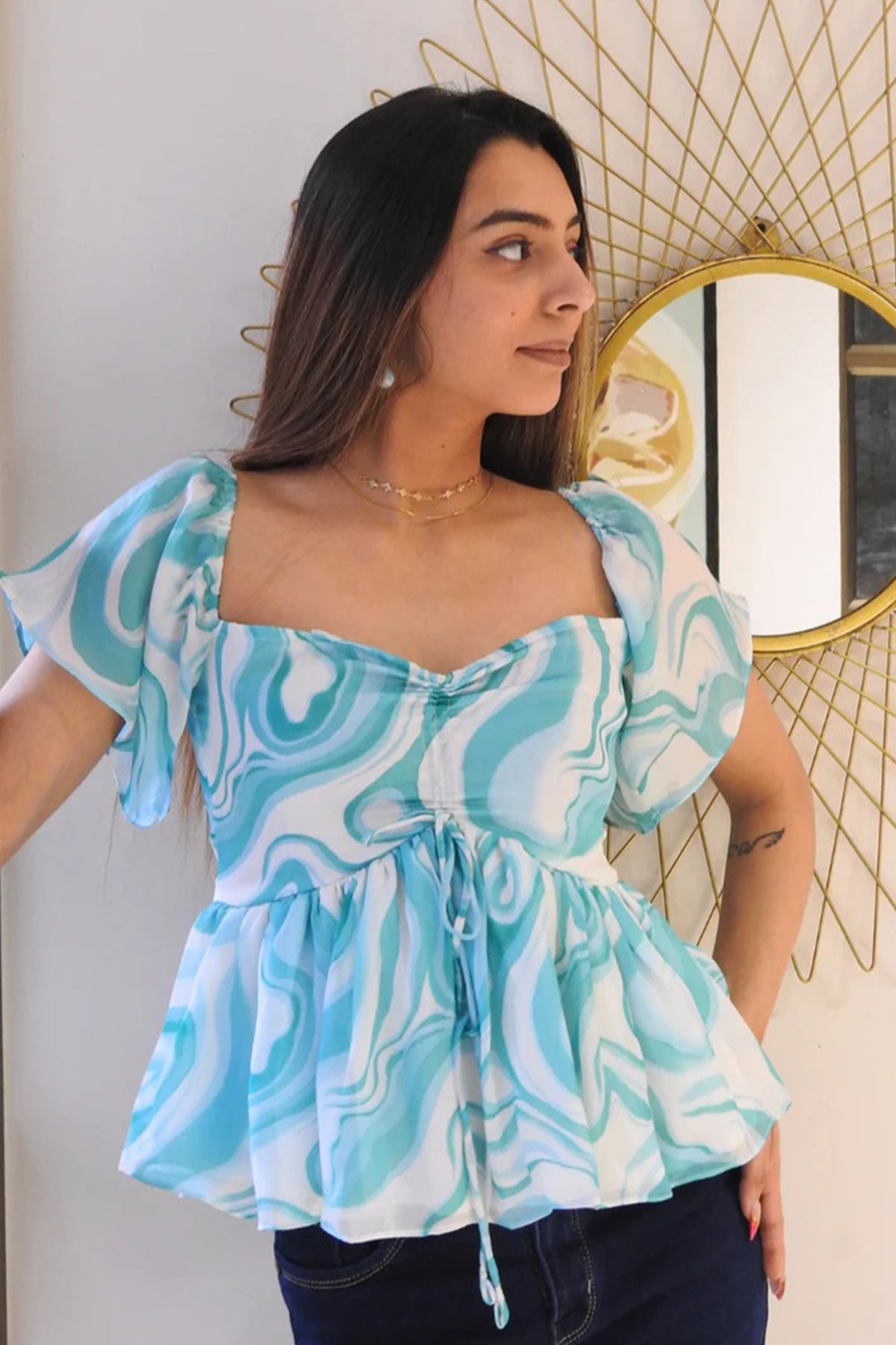 Buy Blue Satin Coral Printed Top for women online available at ScrollnShops